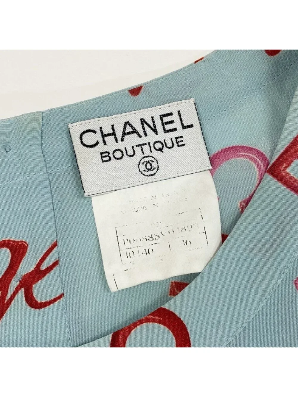 Chanel Vintage Logo Print Silk Blouse Short Sleeve 36 Blue Top
